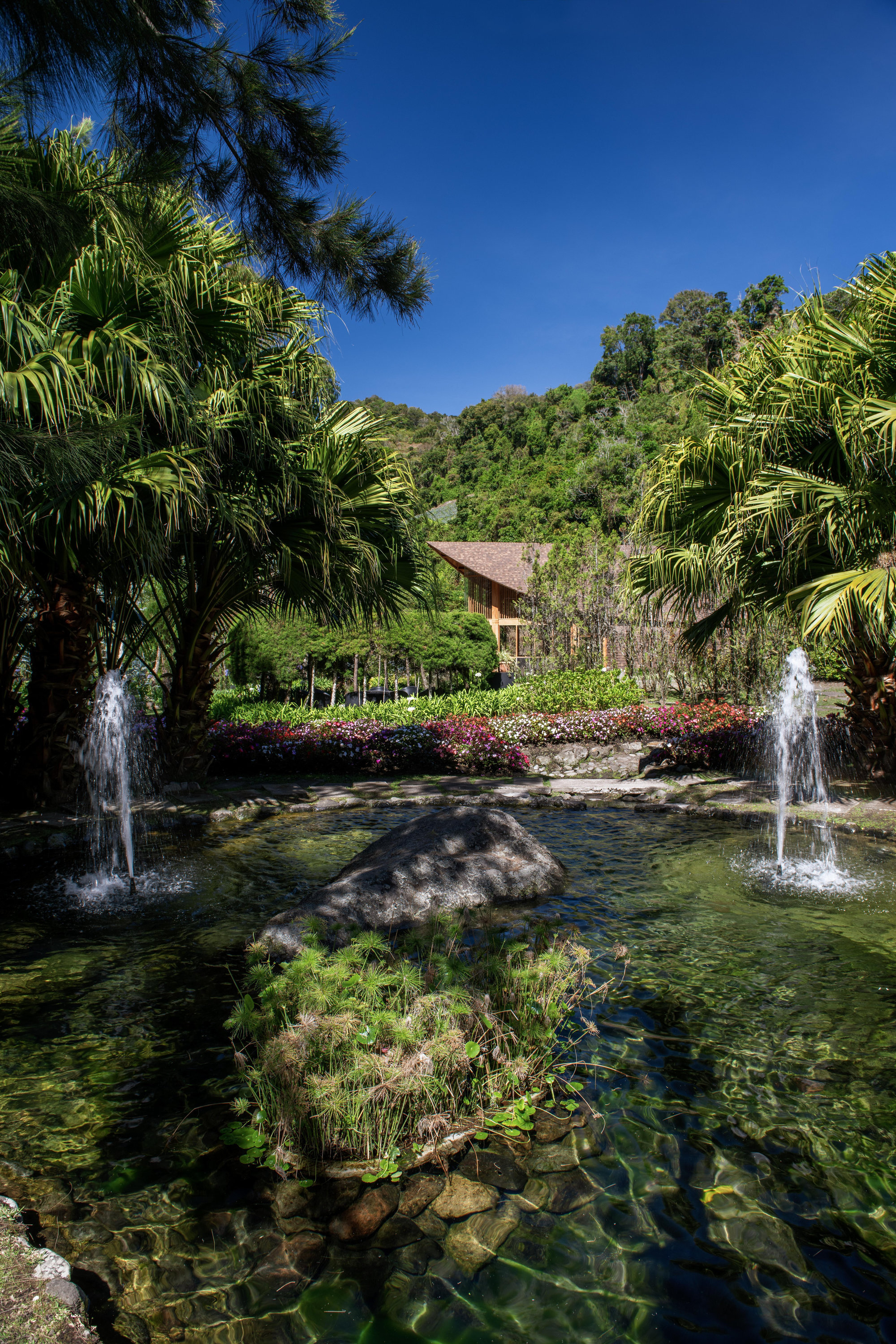 Shallow pond with two fountains and planted islands framed by palms and flowering groundcover