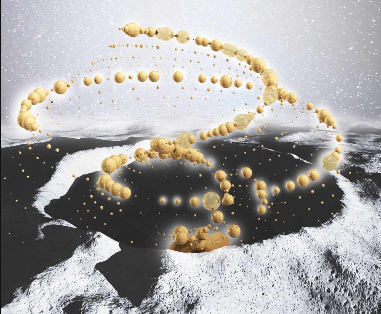 Lunar Spiral’s levitating habitat modules form a Fibonacci-inspired constellation above the Moon’s cratered landscape.