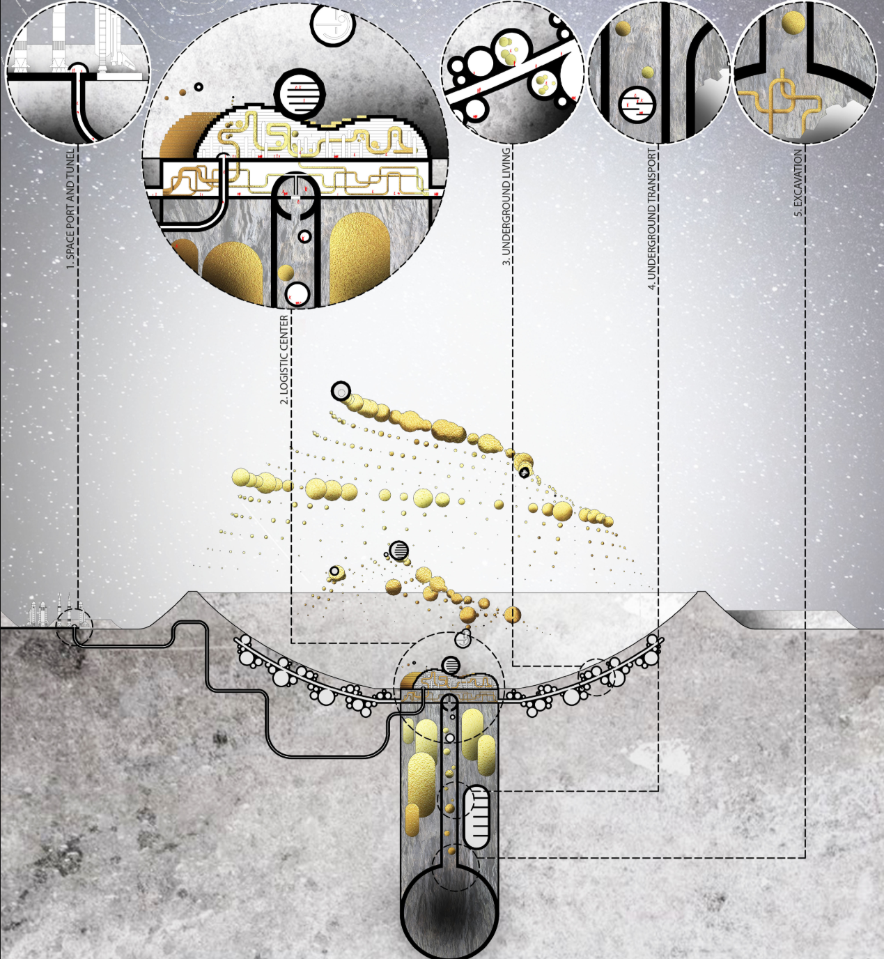 Sectional diagram reveals the lunar base’s underground logistics, transport, excavation, and living infrastructure.