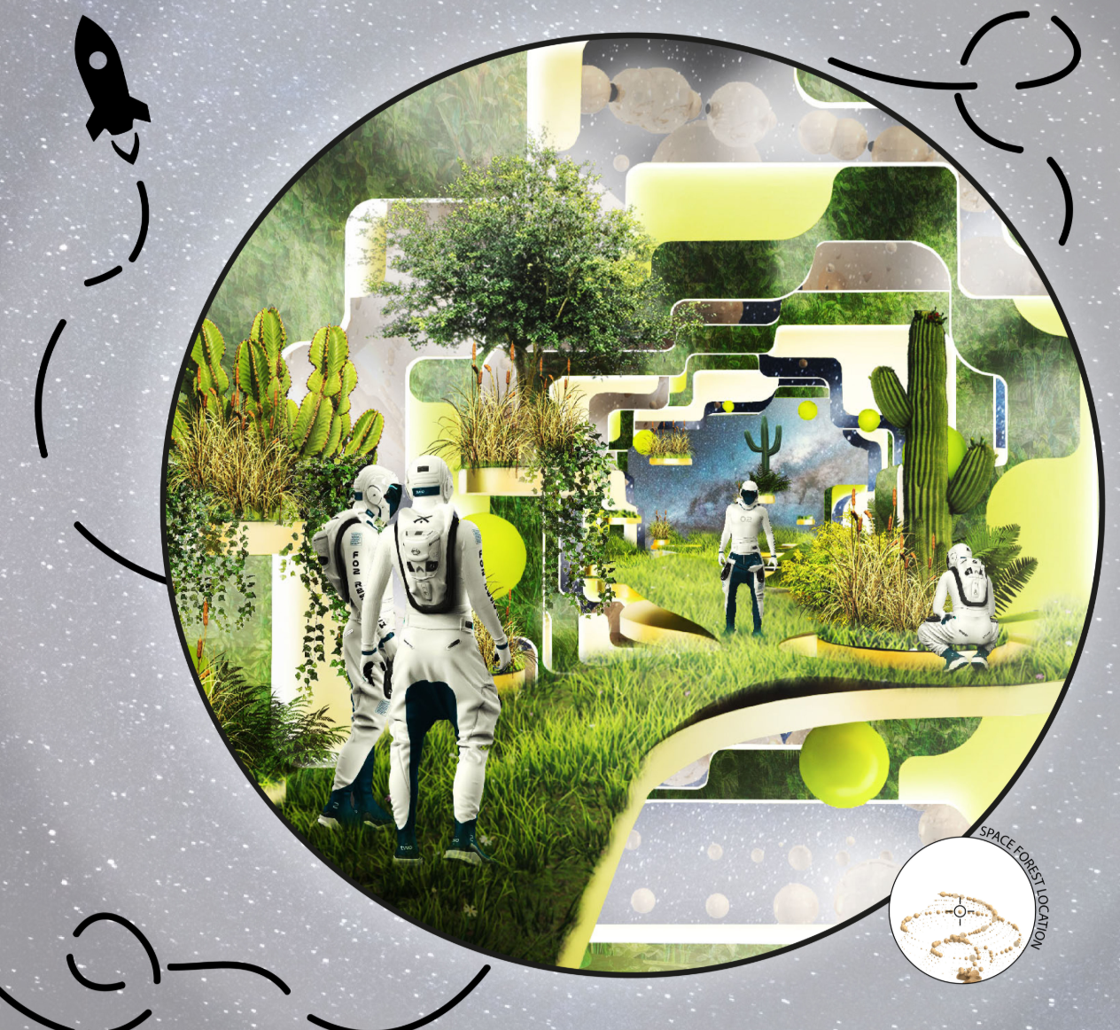 A hydroponic space forest creates a green, restorative environment for astronauts within the lunar habitat.