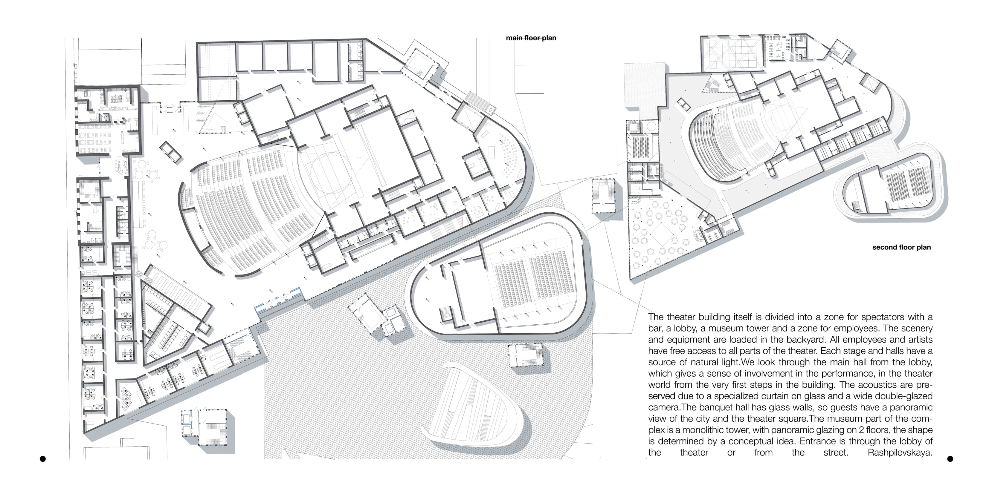 Floor plans reveal the complex’s layered theater, museum, lobby, and performance spaces.