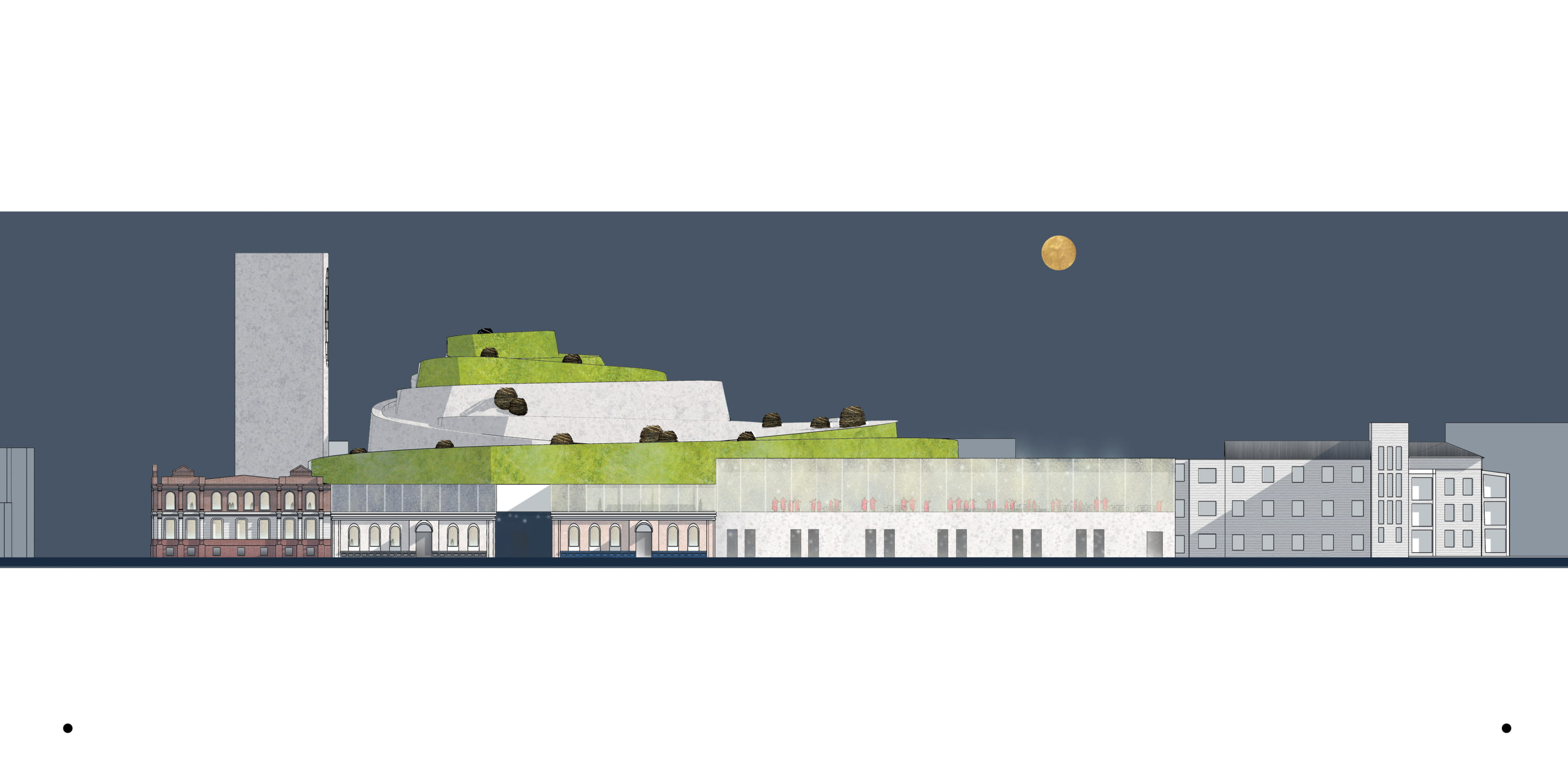 Night elevation showing the green roofscape, moon lantern, and cultural presence of the concert complex.
