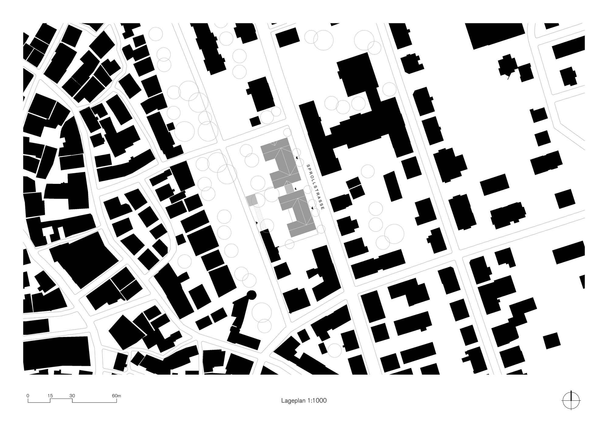 Site plan drawing showing the building footprint within the surrounding urban fabric