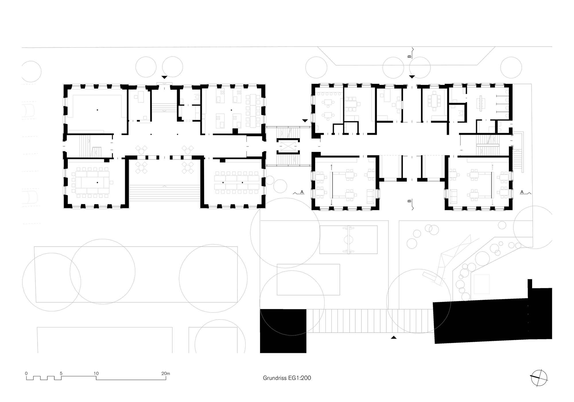 Ground floor plan drawing showing room layouts with trees indicated in the courtyard