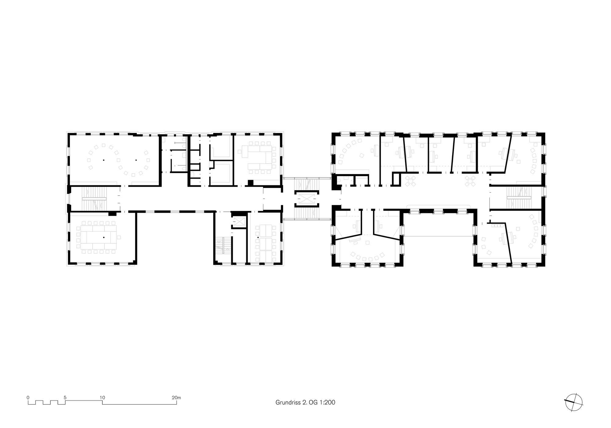 Second floor plan showing two wings linked by a central bridge with varied room configurations