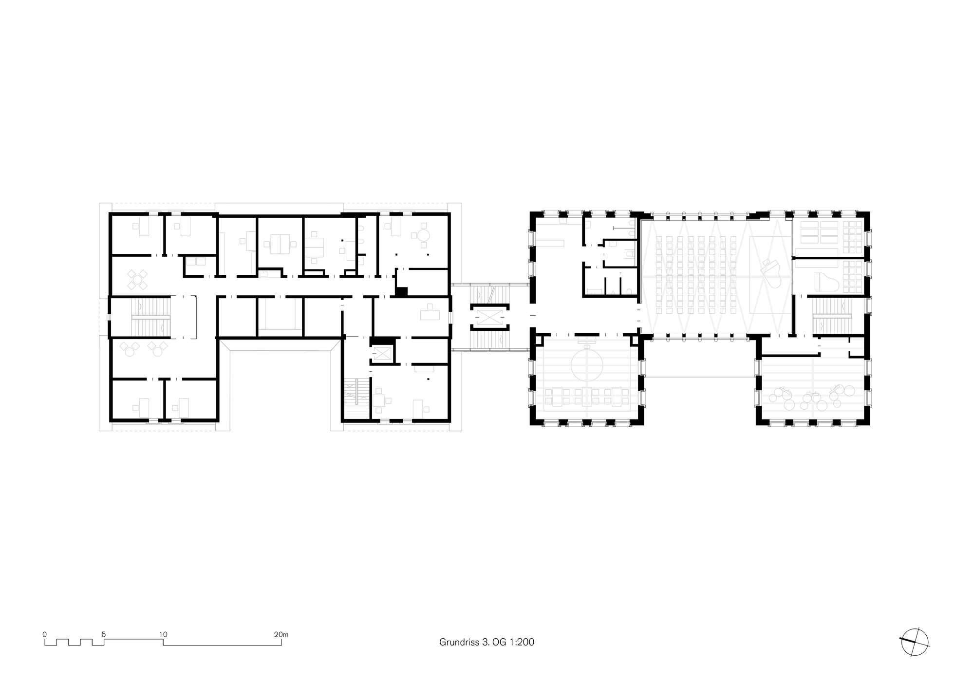 Third floor plan showing two wings with smaller room divisions on the left and an open hall on the right