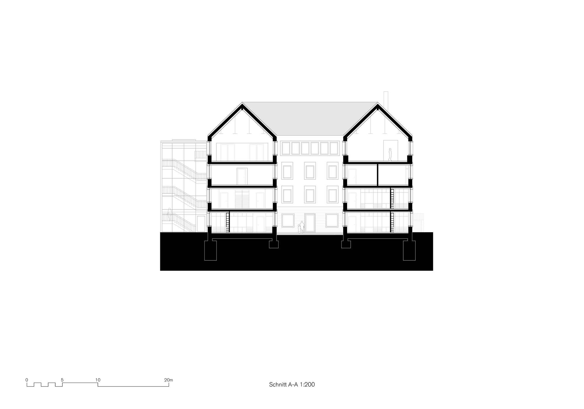 Section drawing through two gabled volumes revealing multilevel interior spaces and a central courtyard