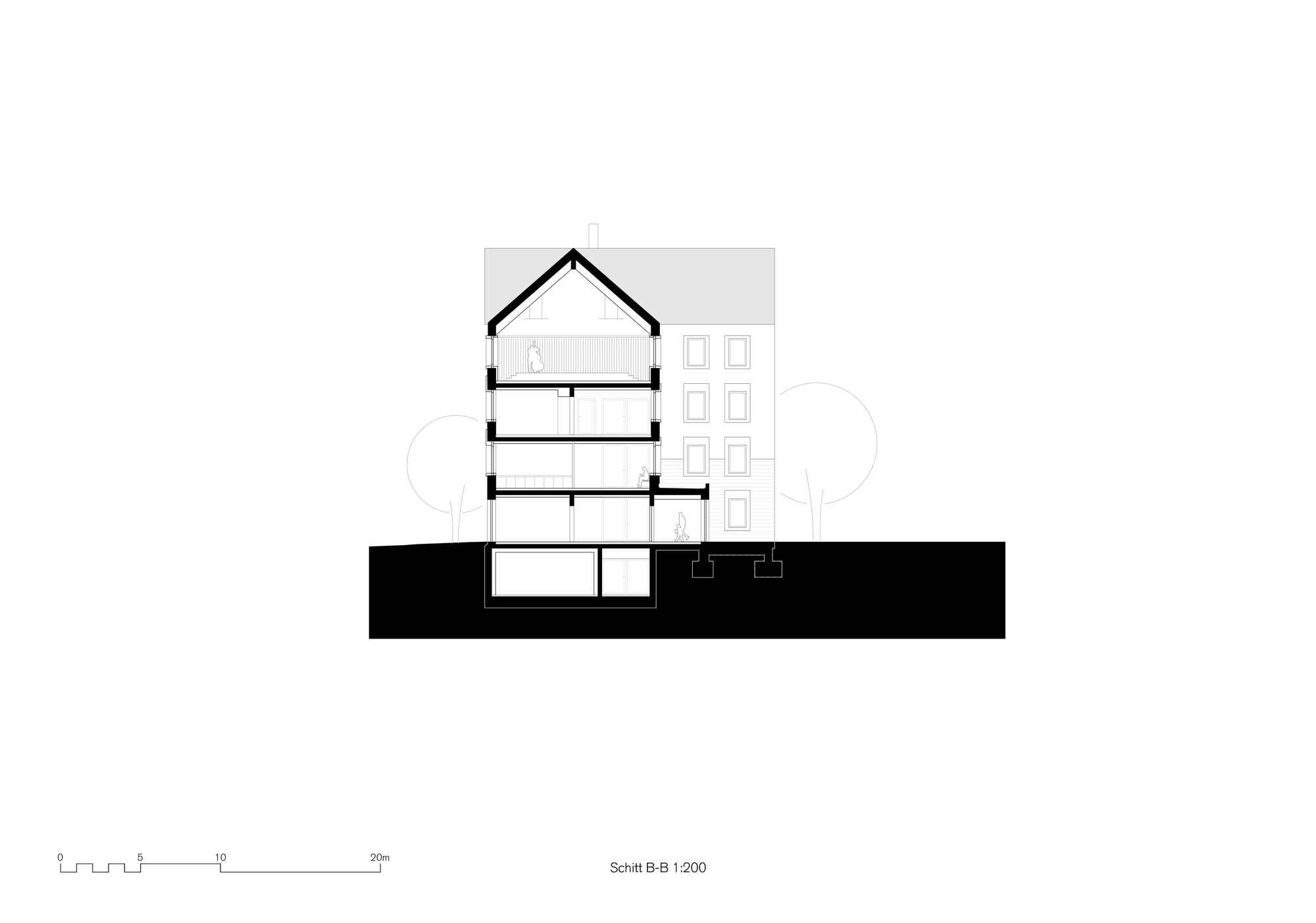 Section drawing showing a single gabled volume with three floors adjacent to a rectangular tower and two trees