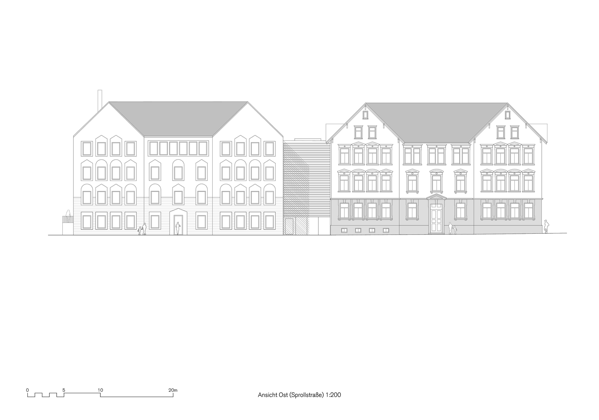 Street elevation drawing showing two gabled buildings connected by a low linking element with varied fenestration patterns