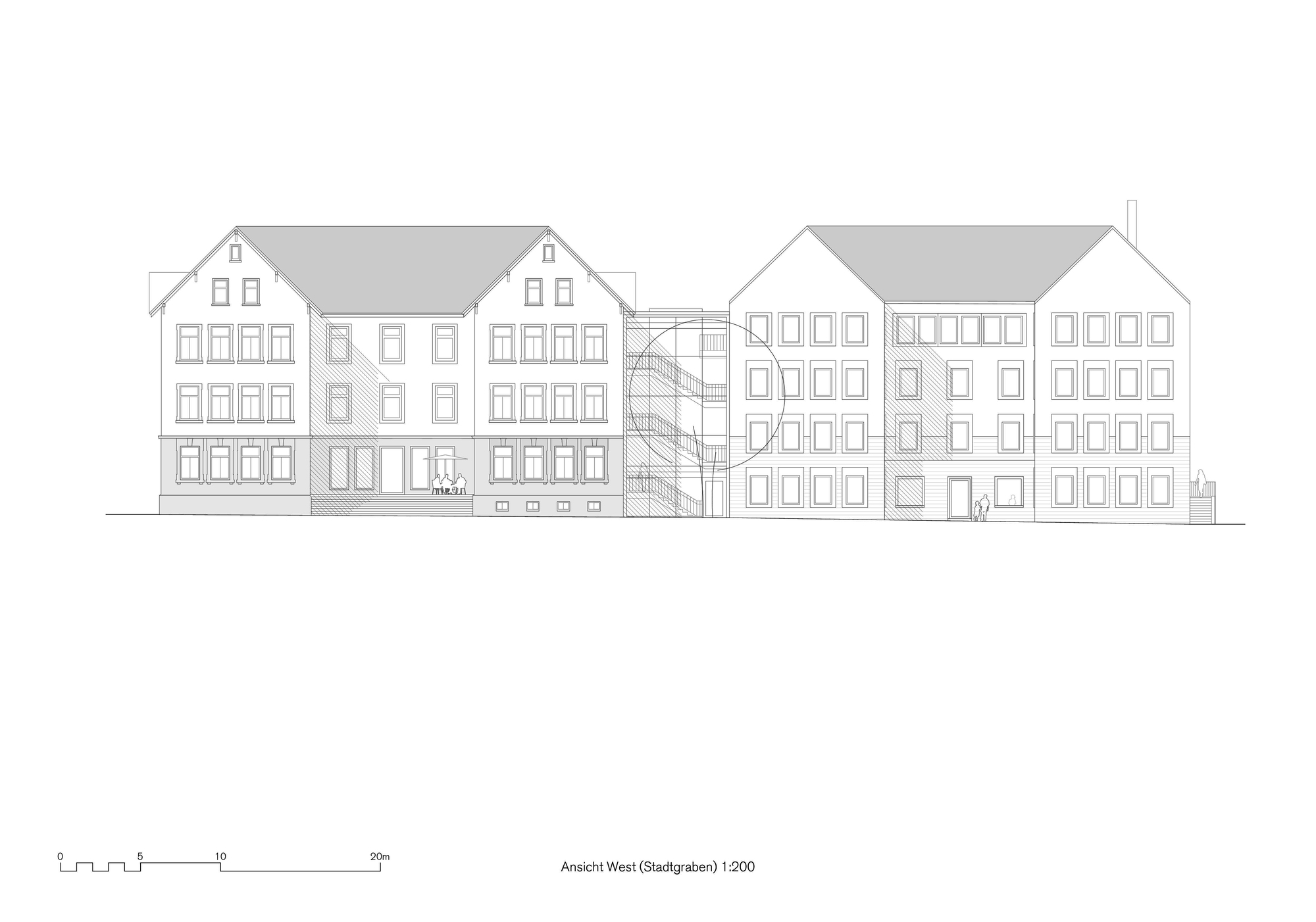 Elevation drawing showing a row of gabled buildings with varying heights and window arrangements