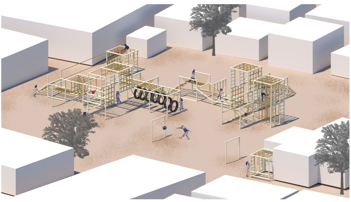 RE-UN Bound’s modular playground system creates flexible play zones within the surrounding settlement.