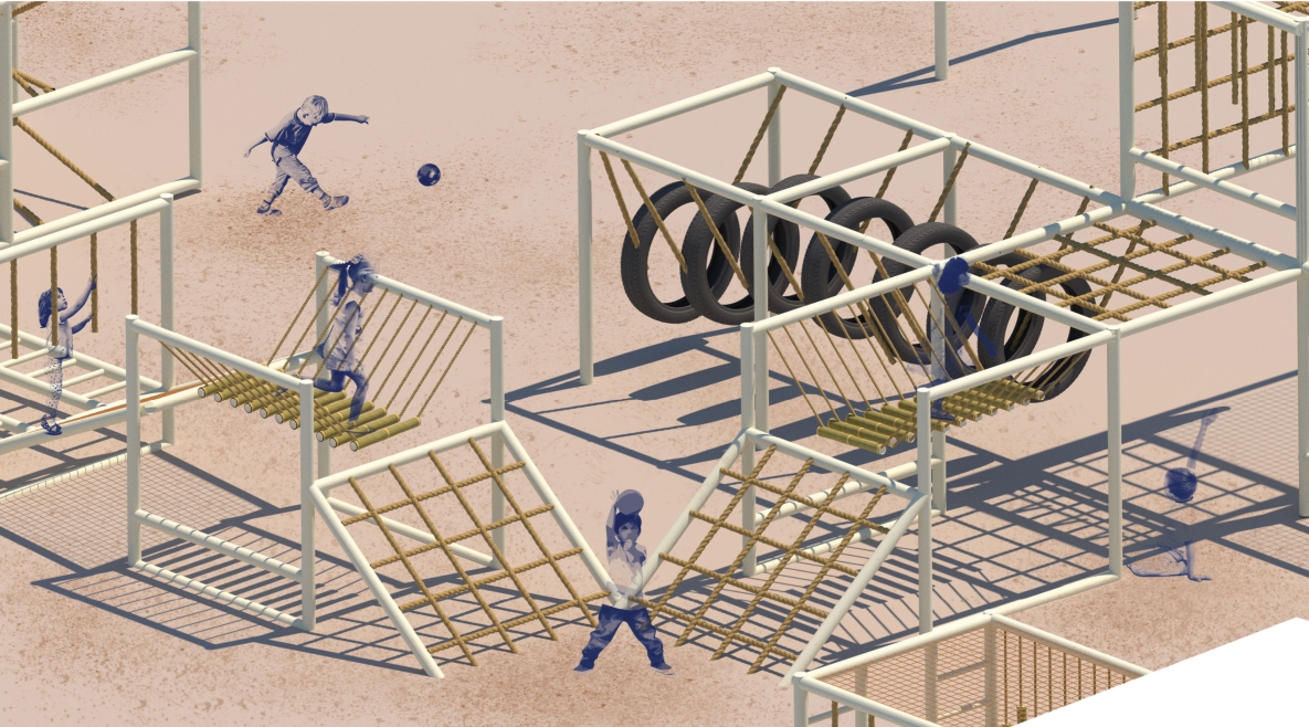 Ropes, nets, tyres, and simple frames combine to support climbing, balancing, crawling, and active play.