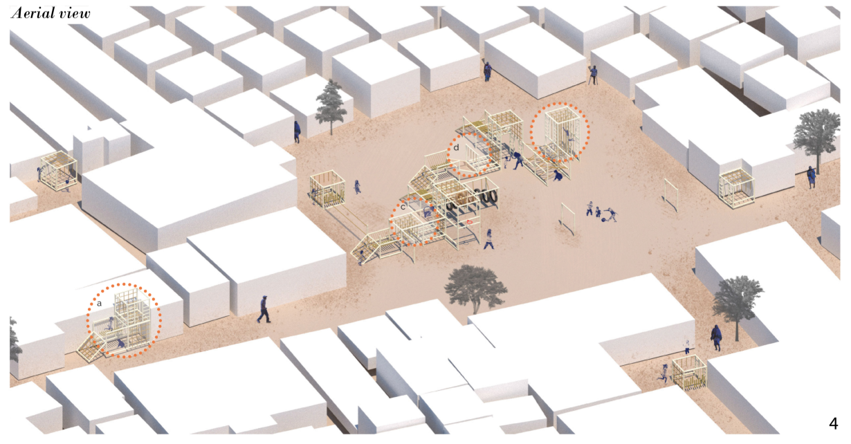 An aerial view showing adaptable play modules distributed across shared community spaces.
