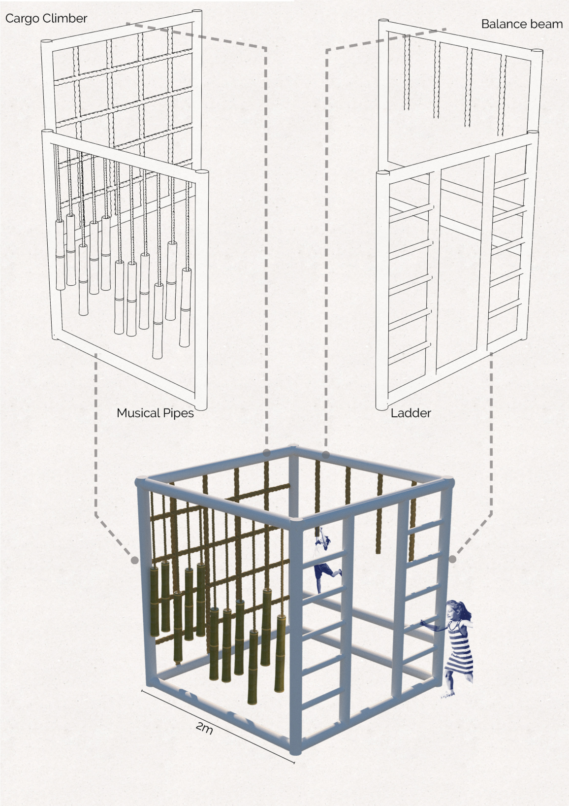 A 2-metre modular unit integrates climbing nets, musical pipes, ladders, and balance activities within one flexible frame.
