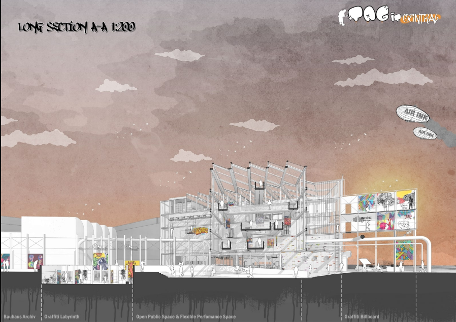Long section showing Tag-it Central’s layered public space, graffiti studios, flexible performance areas and urban billboard frontage.