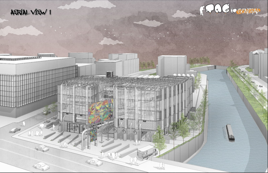Aerial view of Tag-it Central beside the canal, revealing its industrial frame, graffiti façade and active public edge.