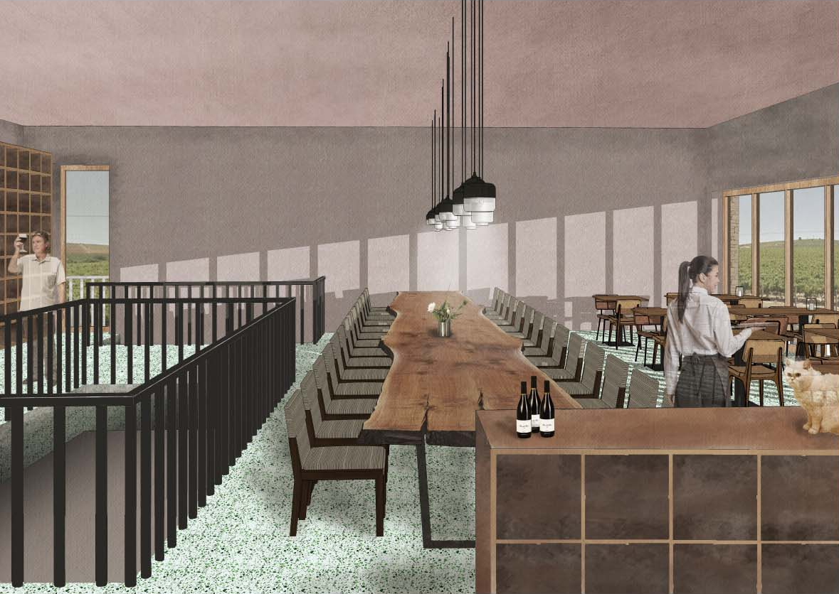 Communal wine tasting space with vineyard views.