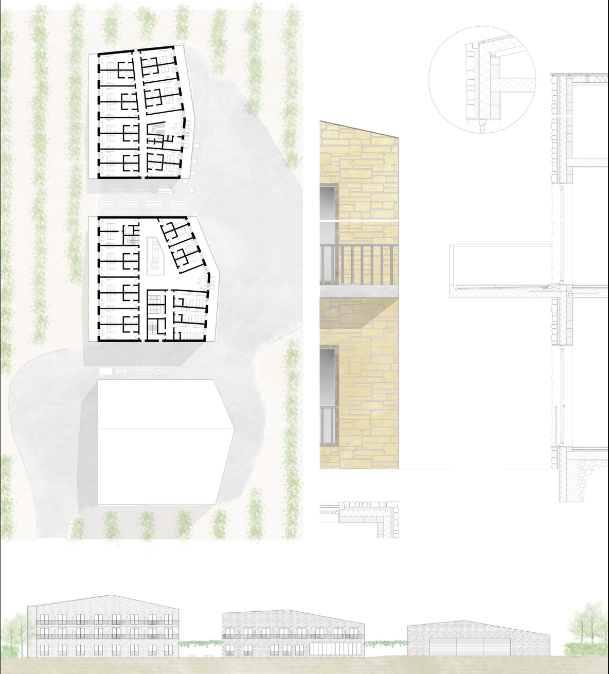 Plans, facade details, and elevations of the three-building complex.