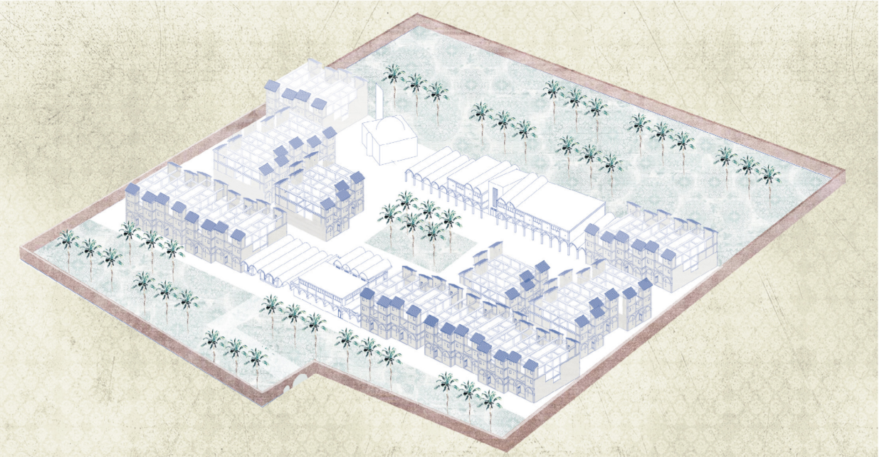 Axonometric master plan integrating housing, education, culture and agriculture.
