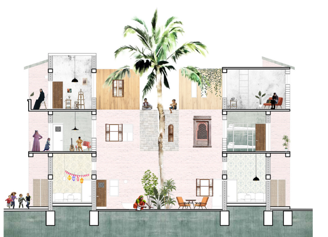 Dwelling section centred around a shaded communal courtyard.