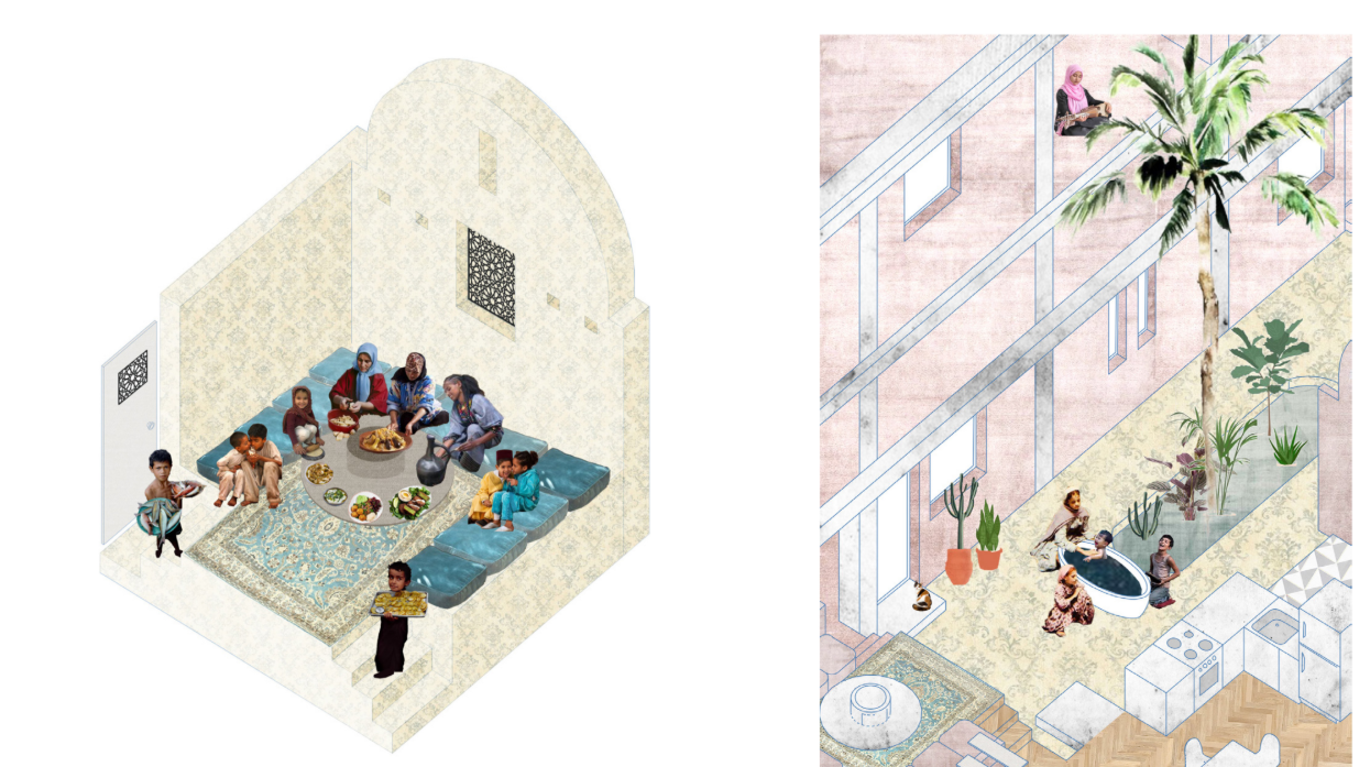 Shared salon and courtyard supporting family interaction and domestic routines.