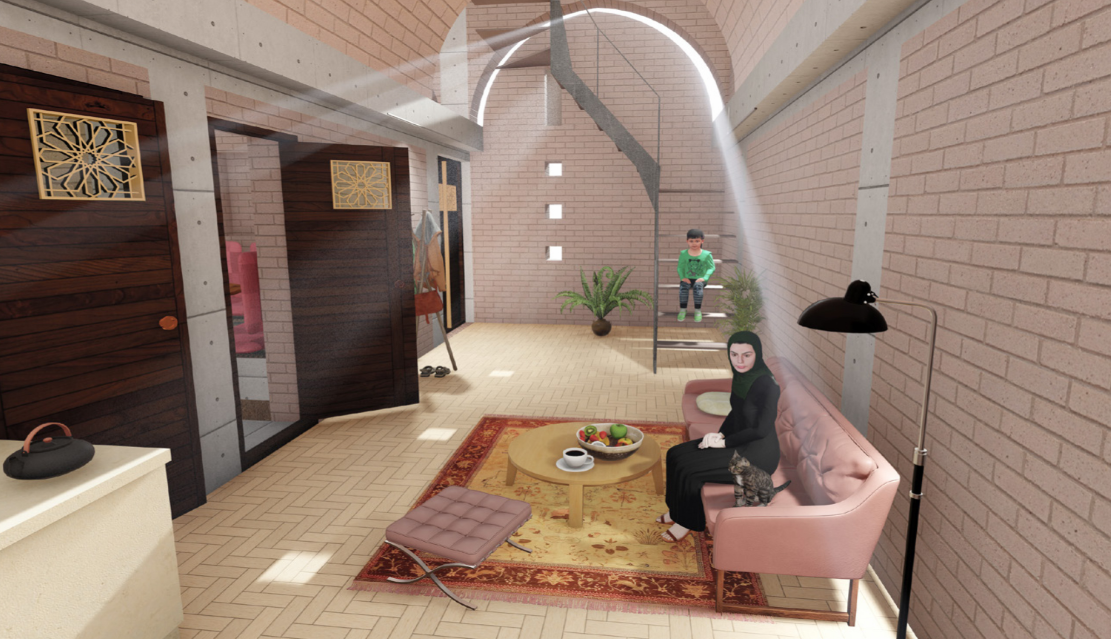 Open-plan living space beneath climate-responsive vaulted ceilings.