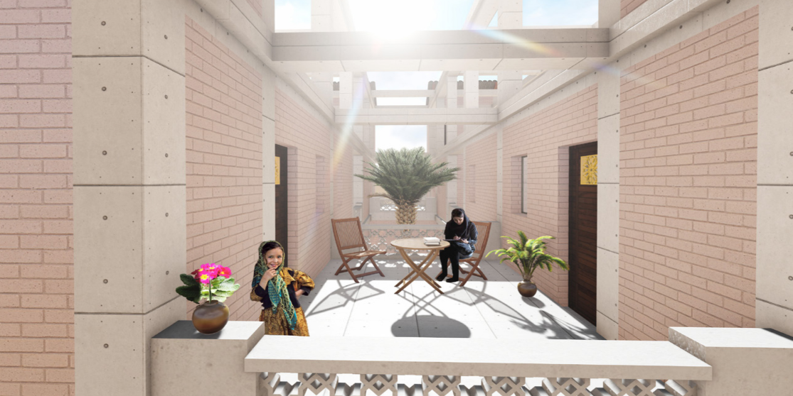 Sunlit terrace functioning as an informal shared outdoor room.