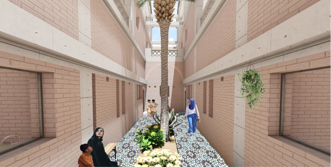 Planted courtyard creating shade, privacy and neighbourhood connection.