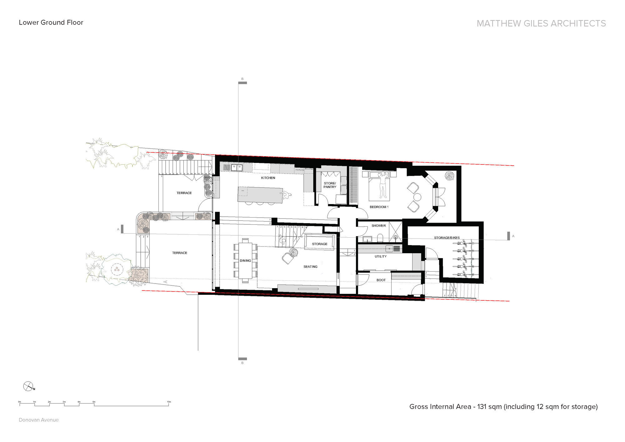 Lower ground floor plan drawing showing kitchen, dining, bedrooms and two exterior terrace spaces
