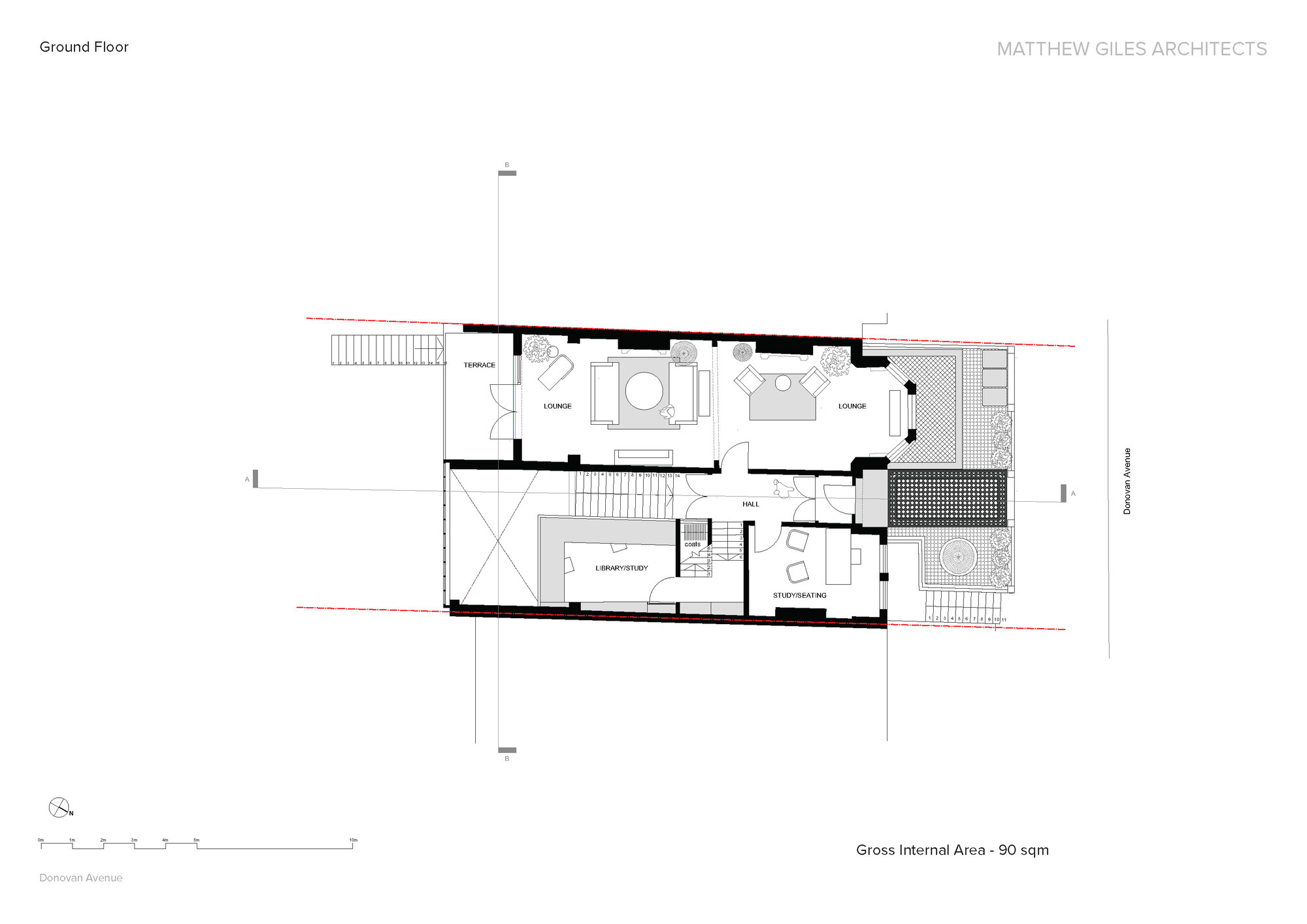 Ground floor plan drawing showing open lounge areas, staircase and connection to outdoor spaces
