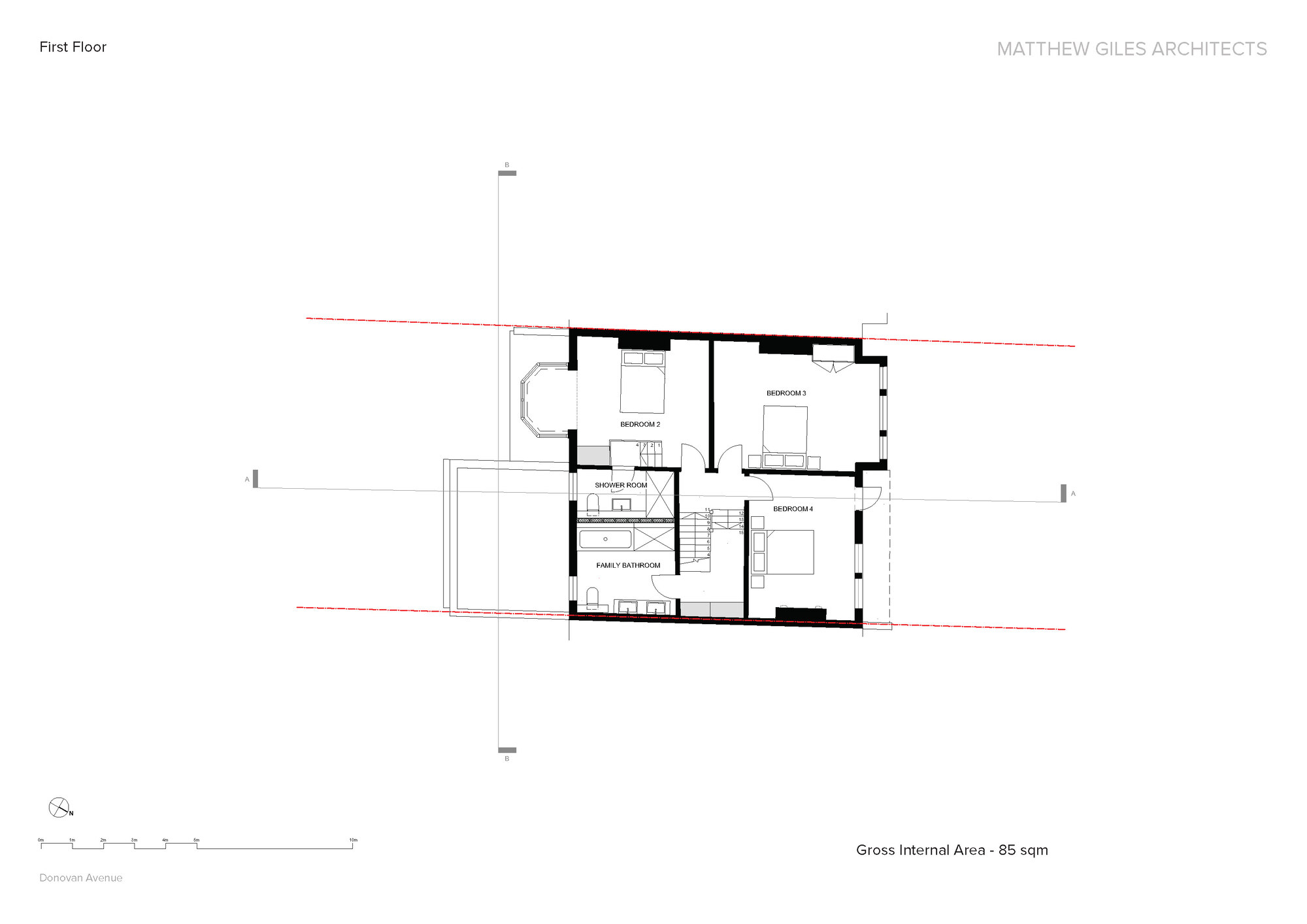 First floor plan drawing showing three bedrooms, bathroom and central stair with barrel vaulted ceiling