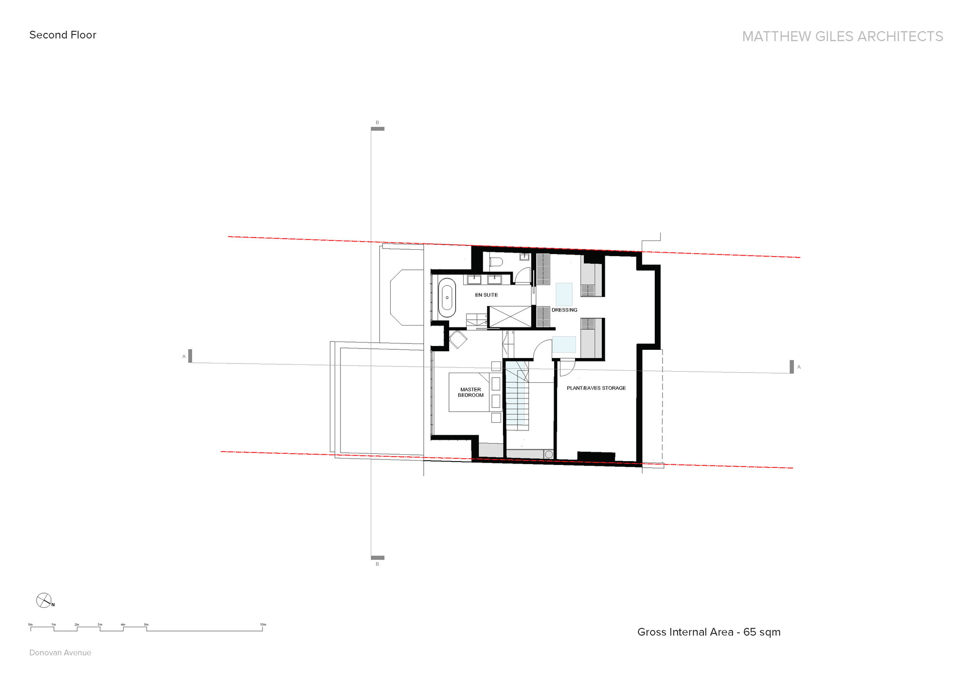 Second floor plan drawing showing bedroom suite with bathroom and central staircase