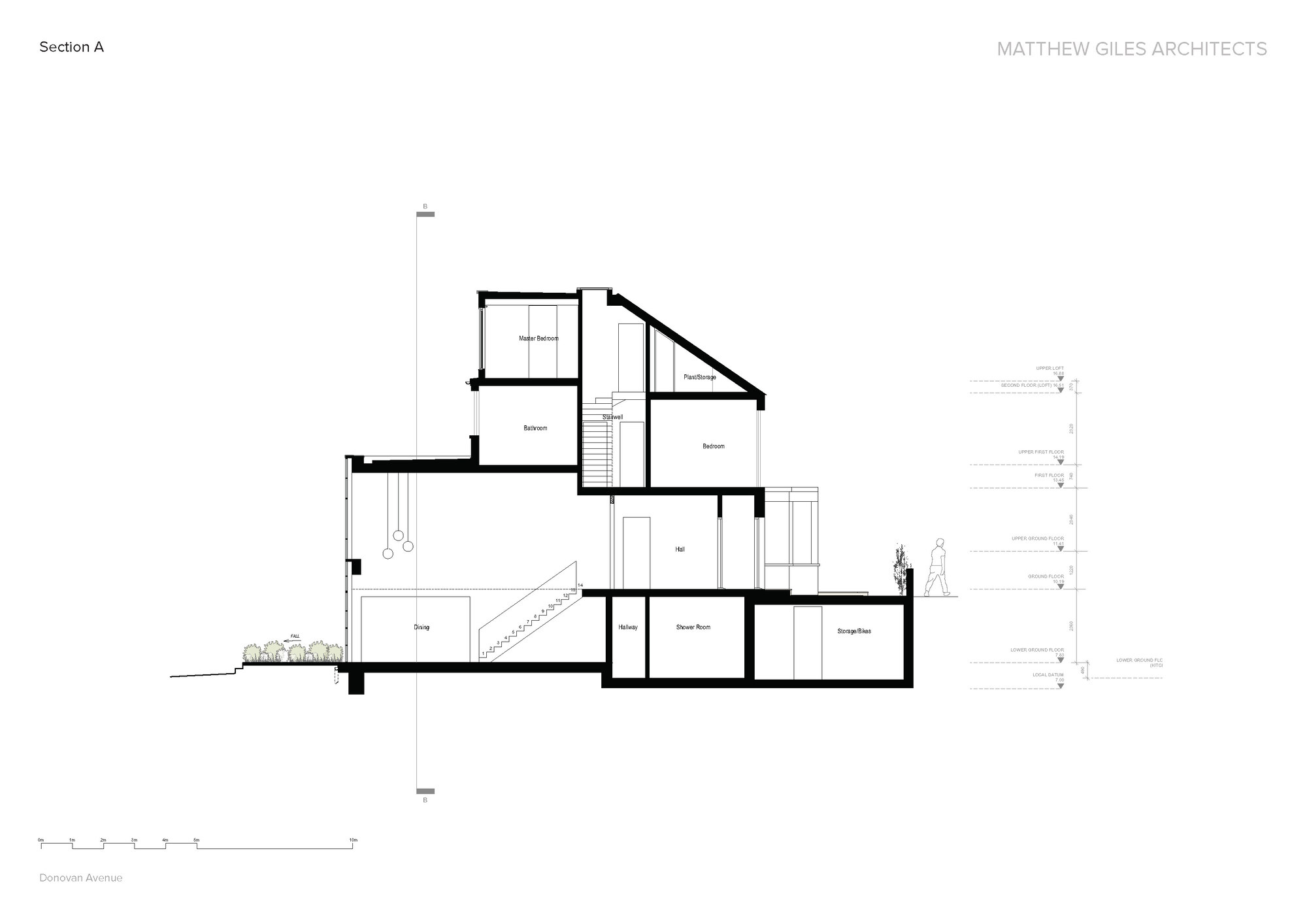 Section drawing revealing split-level interior with staircase connecting multiple floor plates
