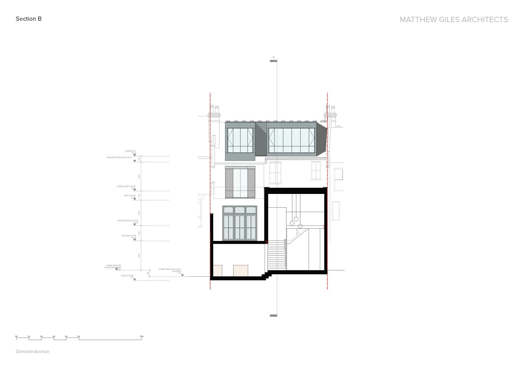 Section drawing showing glazed dormer addition above existing facade and stairwell