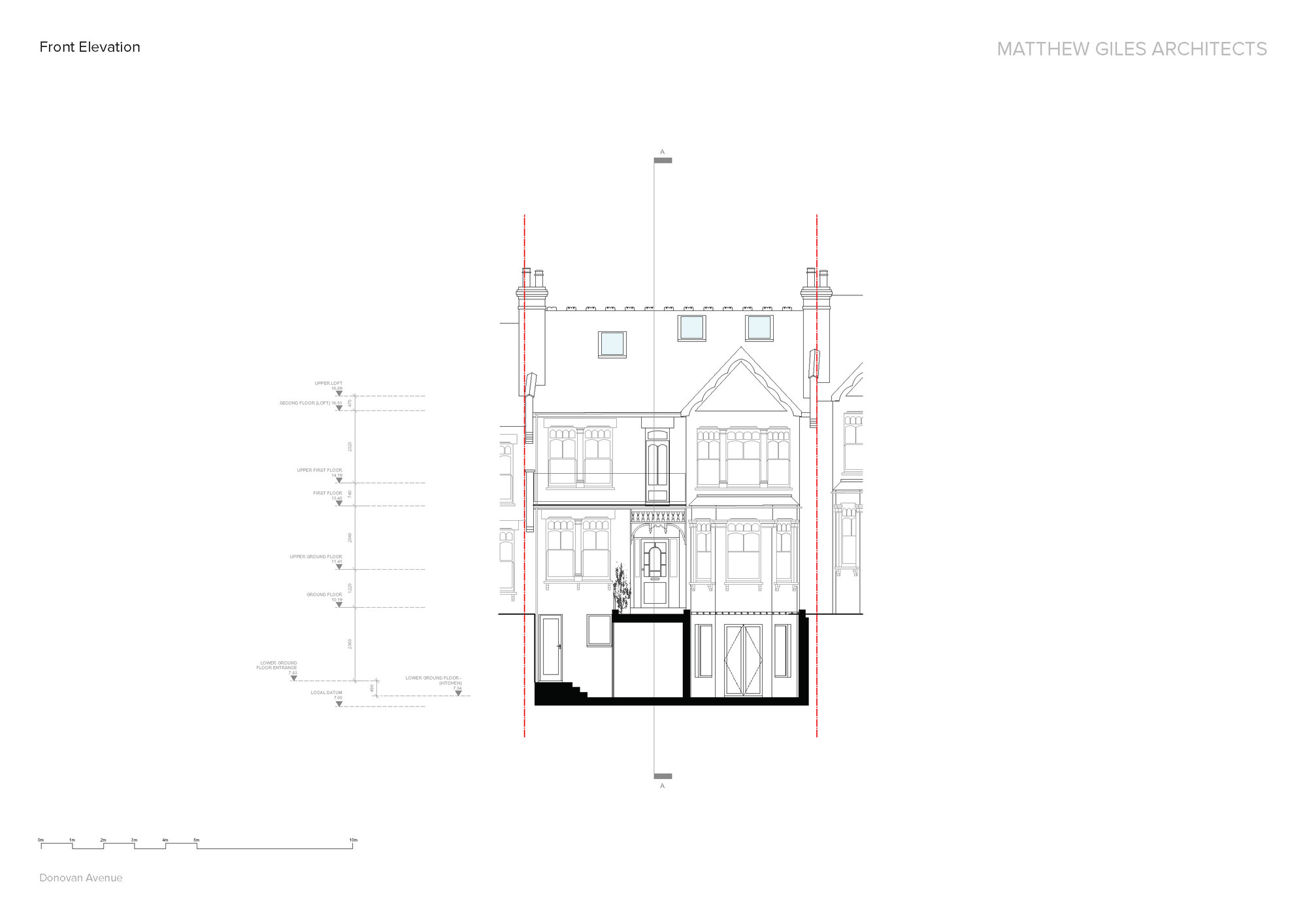 Front elevation drawing showing basement extension below retained Victorian terrace house facade