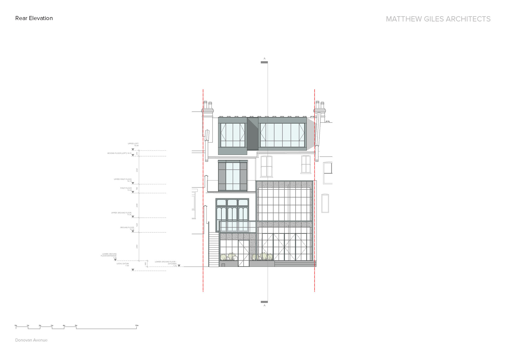 Rear elevation drawing showing glazed extension with grid fenestration and dormer level