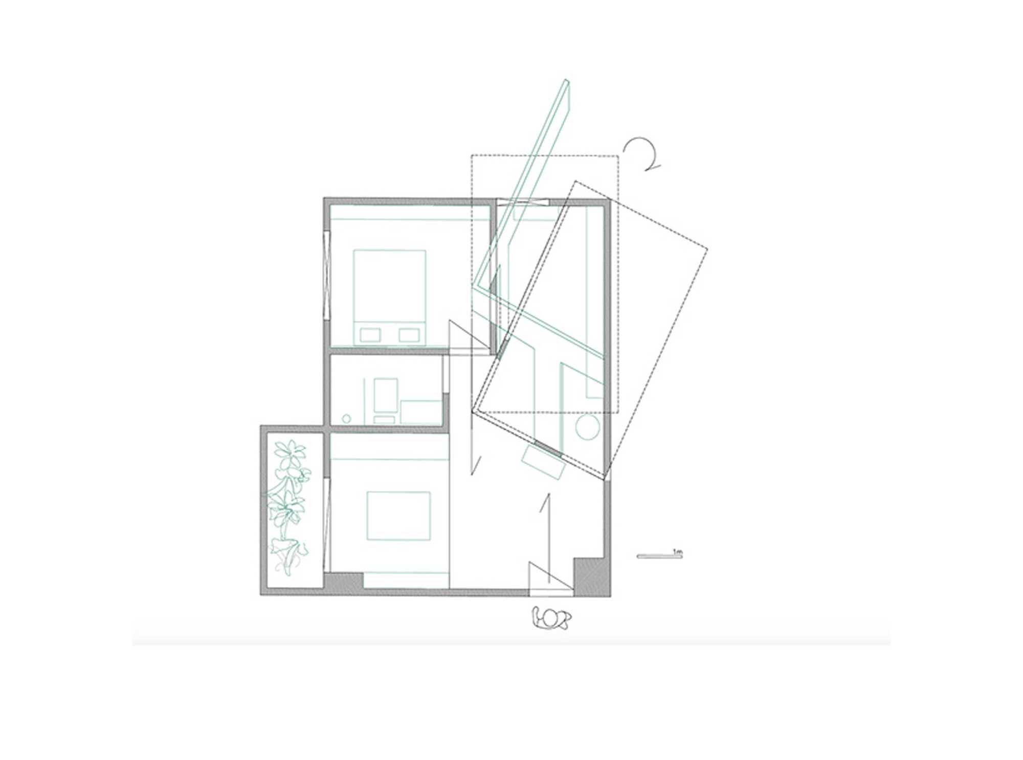 Floor plan drawing showing rooms arranged around an angled courtyard with planted bed