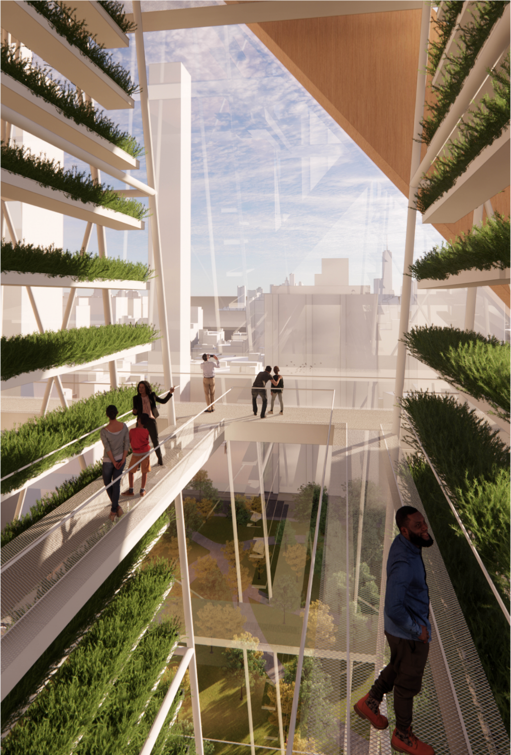Elevated walkways weave through lush vertical farms overlooking Manhattan.