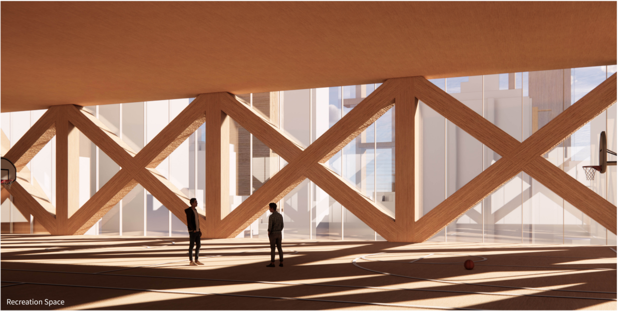 A timber-framed recreation space promotes active and healthy urban living.