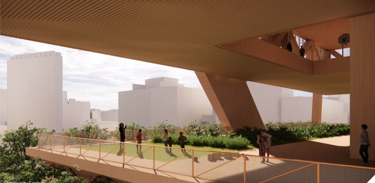 Community gardens create shared green spaces beneath the tower.