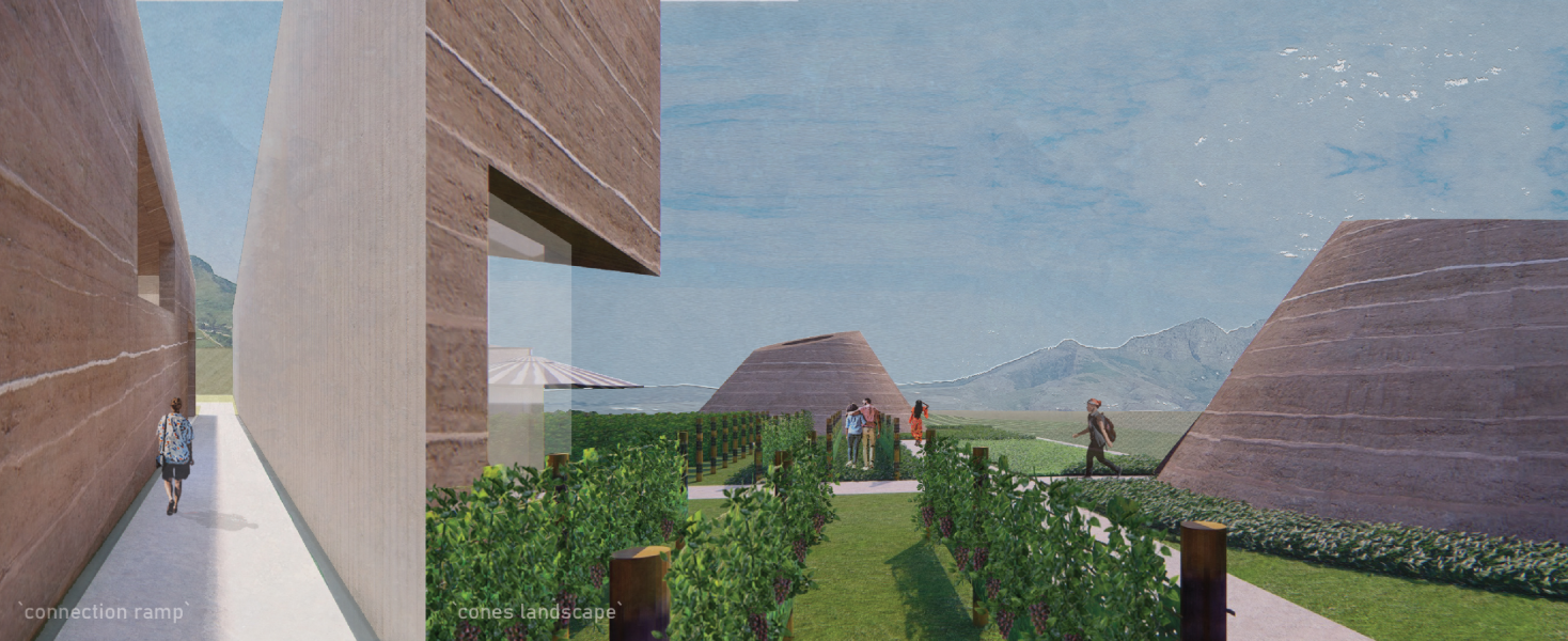 Connection ramp leading toward the winery’s conical landscape forms.