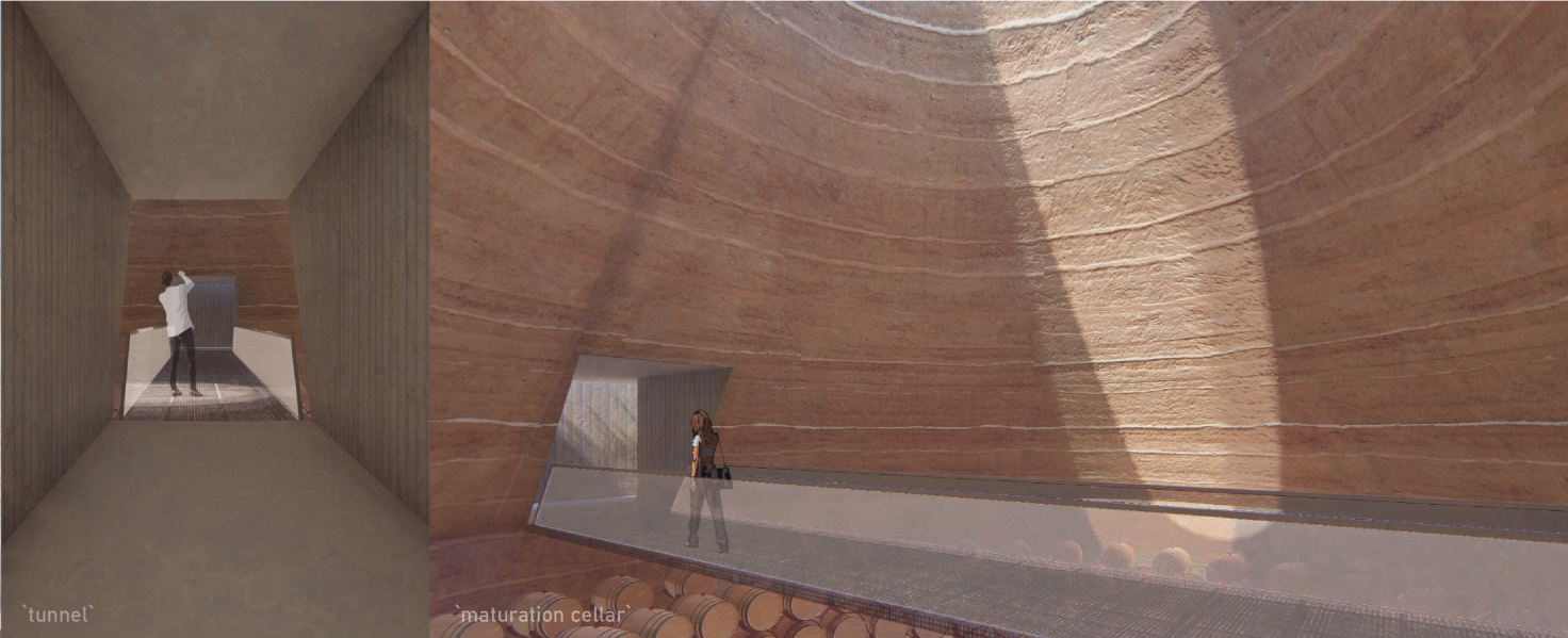 Subterranean tunnel opening into the monumental maturation cellar.