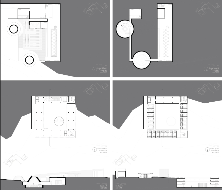 Architectural plans and sections illustrating the winery’s clustered programme and terrain integration.