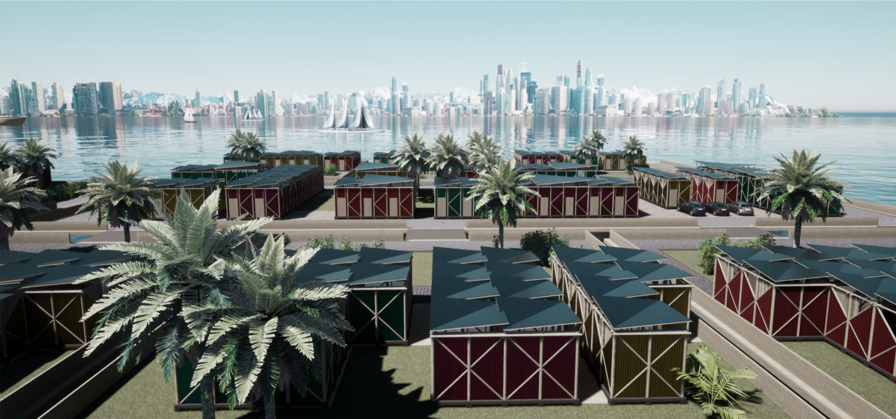 Modular waterfront homes form a resilient community designed to adapt to rising sea levels.