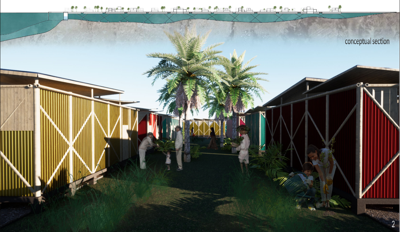 Colorful modular homes frame shaded green spaces that encourage social interaction and everyday community life.