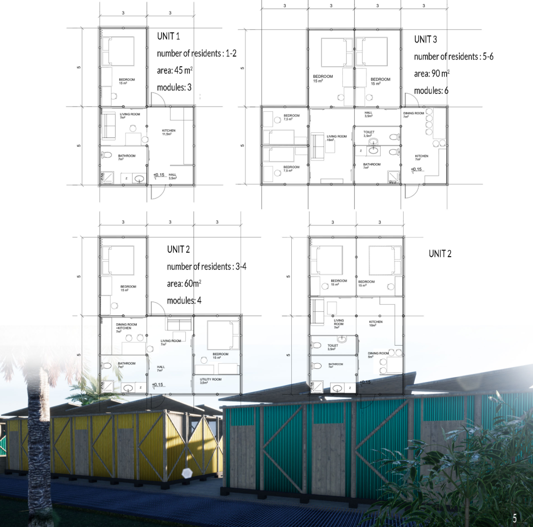 Adaptable floor plans accommodate different household sizes through modular residential units that can expand over time.
