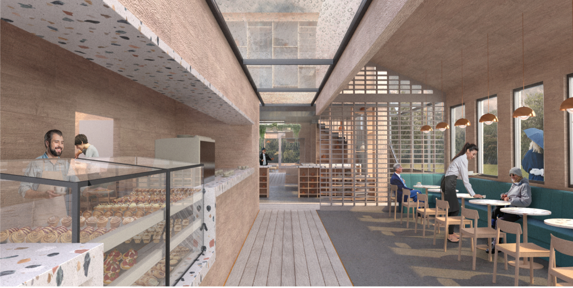 Entrance corridor combining bakery display, seating, skylight, and transparent circulation through the cafe.