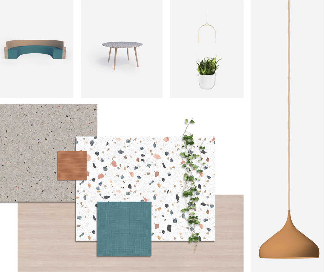 Material and furniture palette featuring terrazzo, teal upholstery, wood, greenery, and warm pendant lighting.