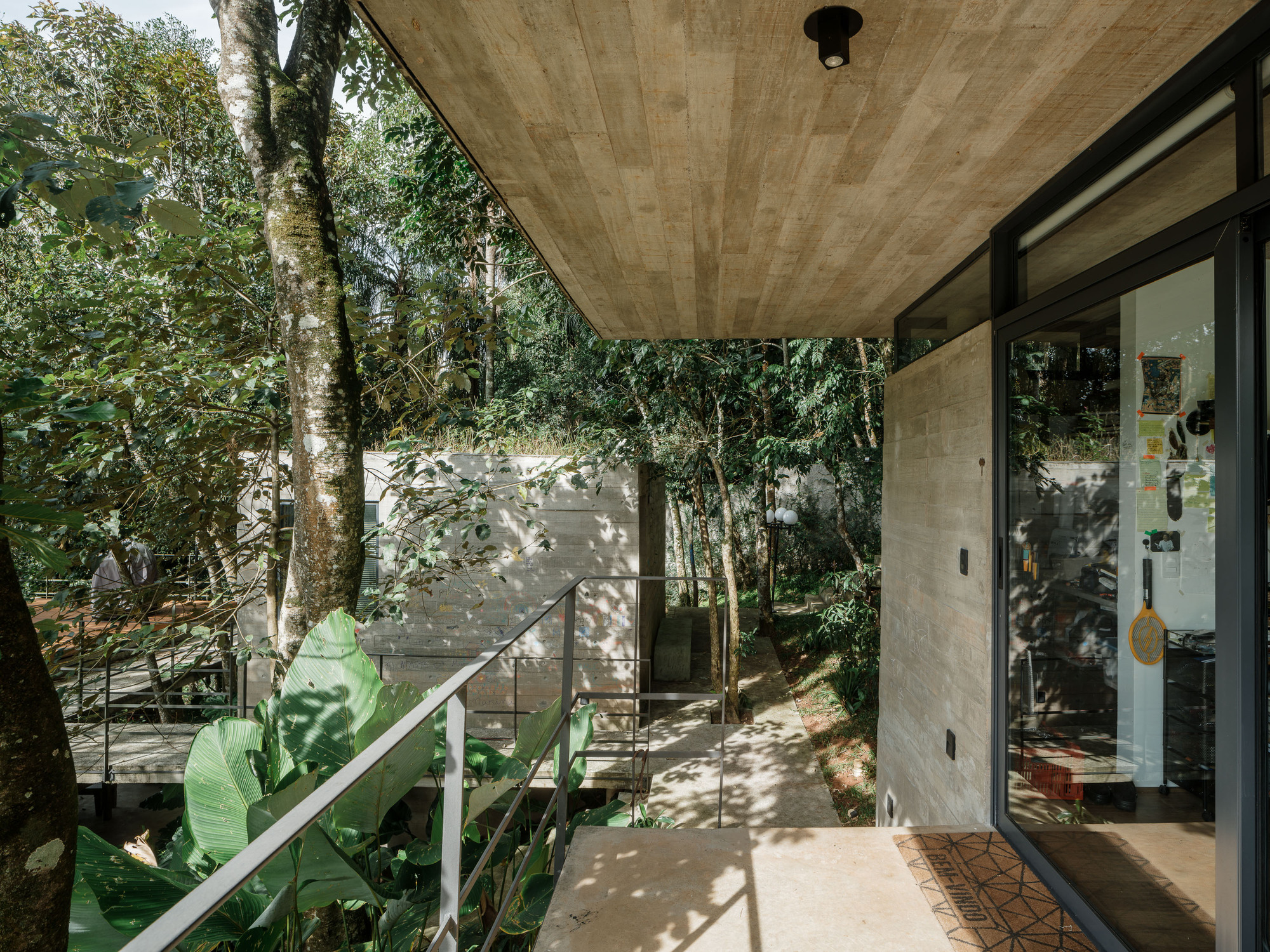 Covered terrace with board-formed concrete soffit and glass railing overlooking the sloped forested site