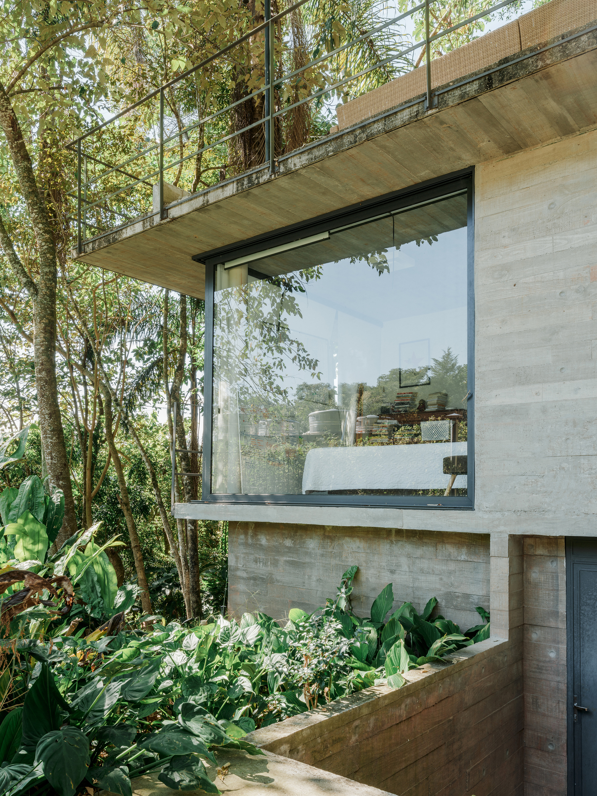 Board-formed concrete facade with large glazed opening and planted bed surrounded by dense forest vegetation